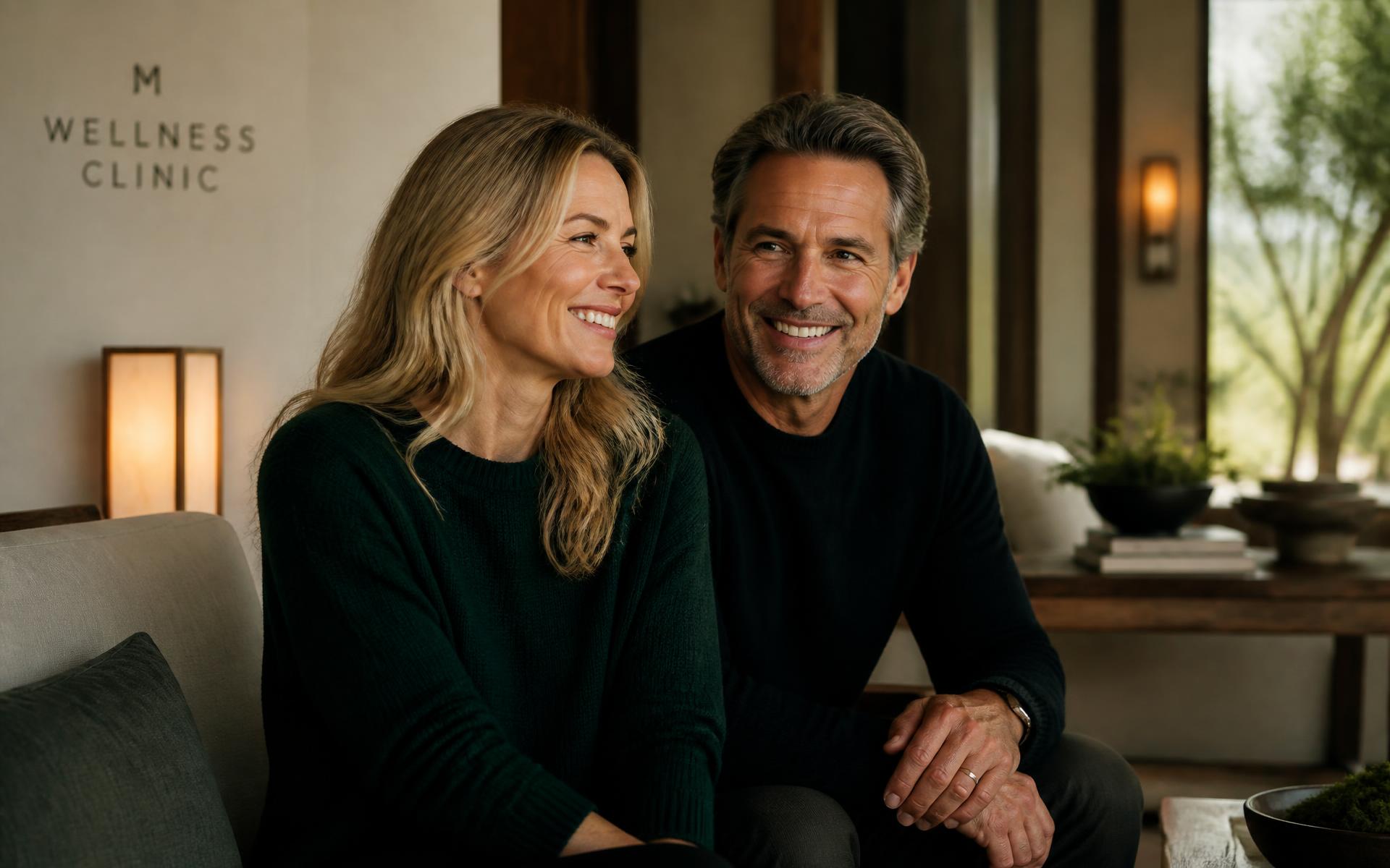 Healthy, confident adults with natural skin relaxing in a calm ivory and walnut wellness clinic lounge