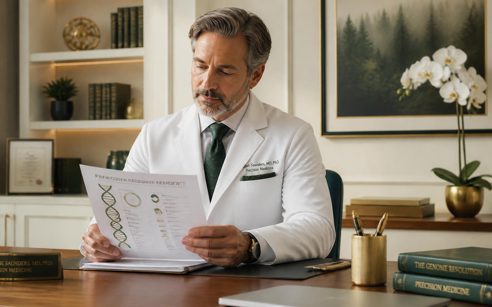 Physician in a white coat reviewing a printed genomic report with DNA charts at a walnut desk in an ivory consultation office