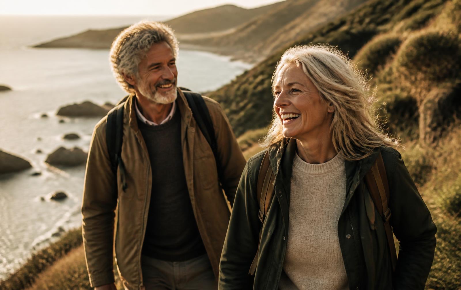A couple laughing on a coastal hike at golden hour