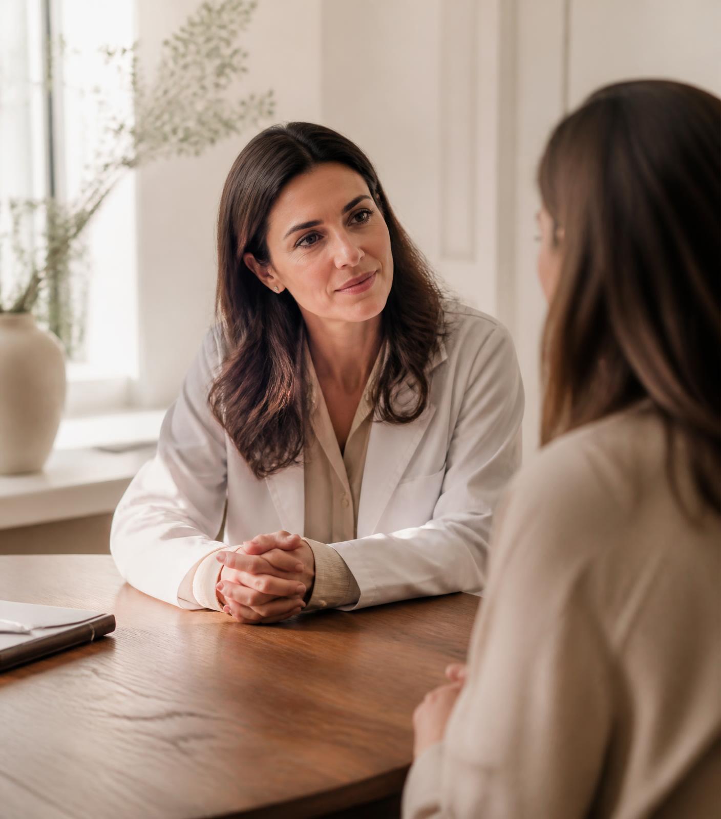 A physician listening attentively to a patient in a calm, sunlit consultation room